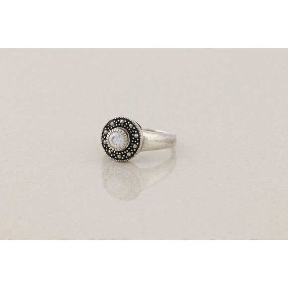 Sterling Silver Cubic Zirconia and Marcasite Ring Size 9 - Picture 5 of 7
